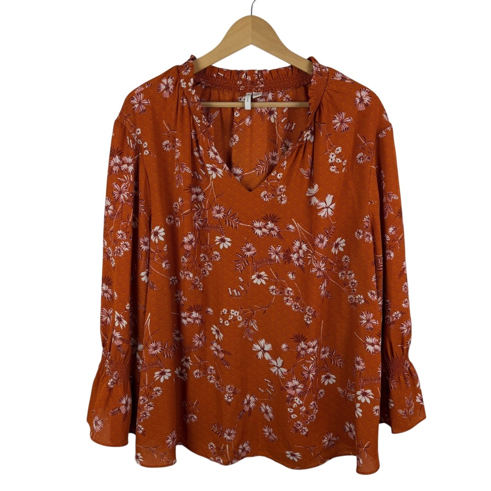 Cato Est 1946 Floral Smocked Ruffle Blouse Size 22/24W Orange Rust Lightweight